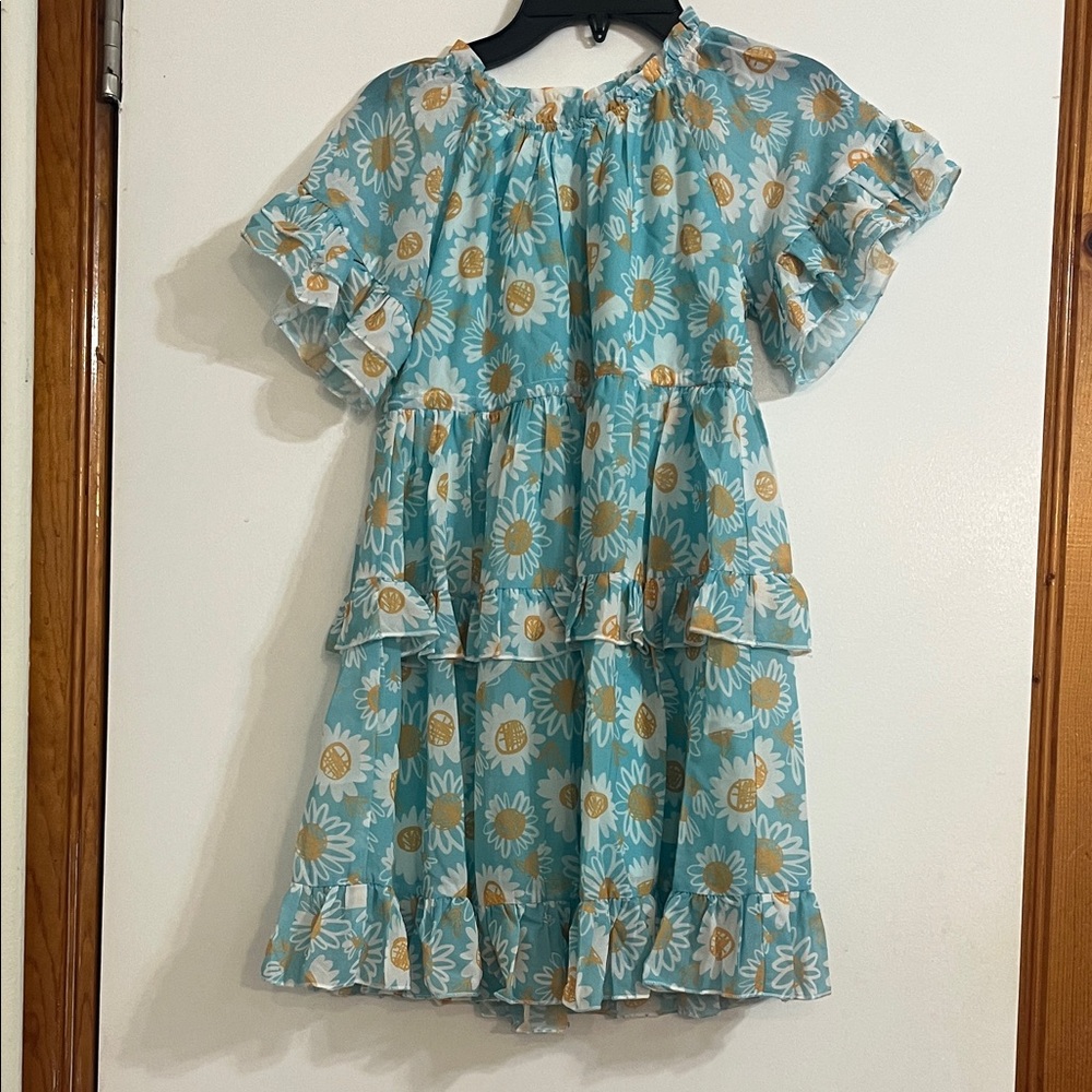 Casual Girls Beach Holiday Short Sleeve Ruffle Crew Neck Midi Floral Blue Dress